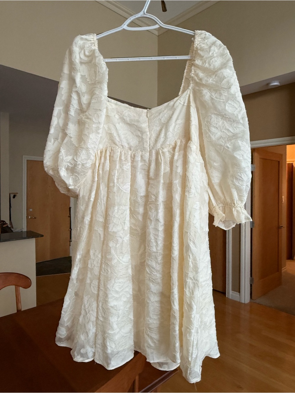 Textured Ivory Puff-Sleeve Mini Dress - Brand Not Visible